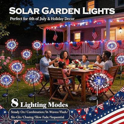 ITICdecor Solar Garden Lights Firework Lights 2 Pack 120 LED Red White Blue Solar Fairy Light Outdoor Waterproof for Independence Day President Memorial Day Christmas Party Patriotic Decorations