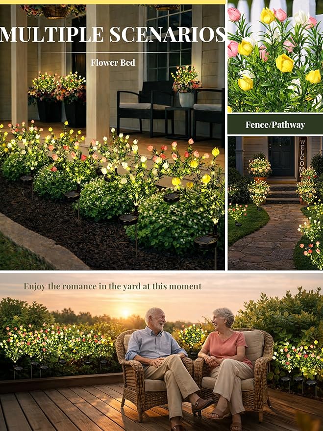 GIGALUMI Solar Garden Lights with Gardenias, LED Garden Decor Carefree Solar Flowers Outdoor Waterproof, Yard Decorations Outdoor, Allergy-Free, Everlasting Light up Flowers for Yard Patio (Set of 4)