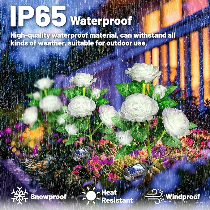 Solar Garden Lights Outdoor: 10 Waterpoof Artificial Rose Flower 2 Pack - White LED Landscape Lighting Fairy Decorations for Outside Yard Patio Lawn Jardin - Christmas Gifts for Mom Grandma