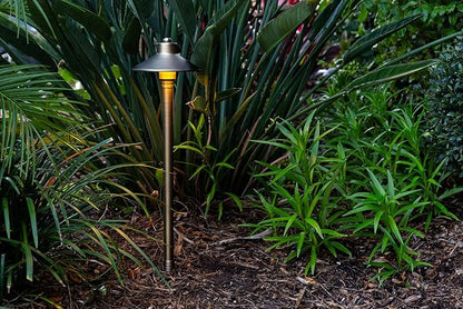 VOLT Flat Hat 12V Brass Path Light (7" Shade, 24" Tall) for Low Voltage Landscape Lighting on Outdoor Pathway, Walkway, Garden, Driveway or Patio