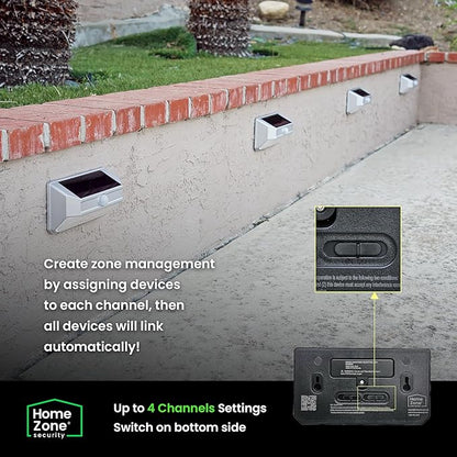 Home Zone Mesh Linkable Series 4-Pack Solar SMD LED Security Wall Pack Light, 800LM, Auto-Linking, 120°x26 ft Motion Detection, 3000L Warm White, 800 Lumens, Customizable 4-Channel Settings, Black