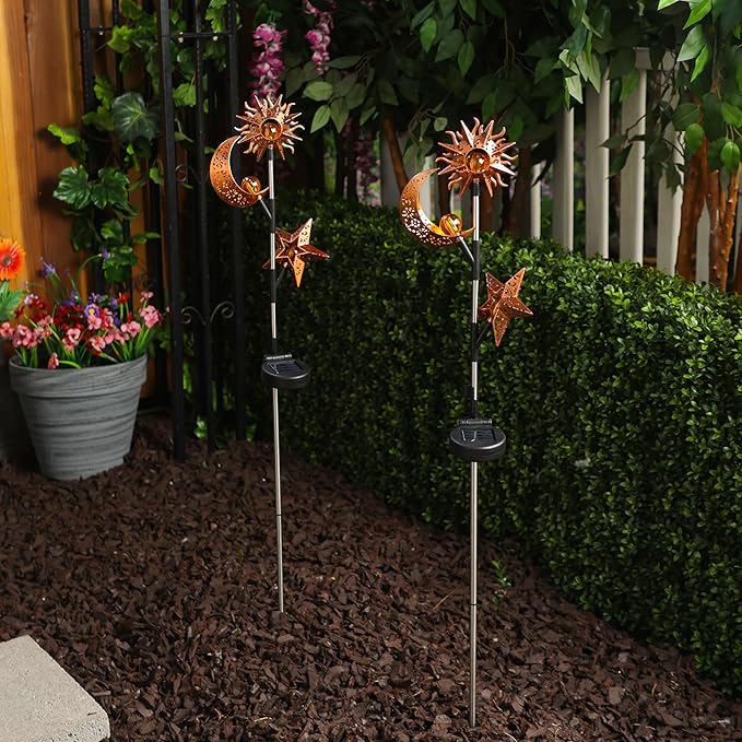 Alpine Corporation 38" Tall Solar Celestial Garden Stakes with Warm White LED Lights Sun, Moon and Star, Outdoor Decor - Set of 2