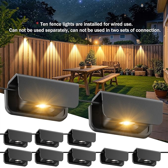 Fence Lights Outdoor, IP65 Waterproof Deck Light with 45.93ft Cable, Warm White Step Lights for Stairs, Step, Yard, Patio, and Pathway (10 Pack)