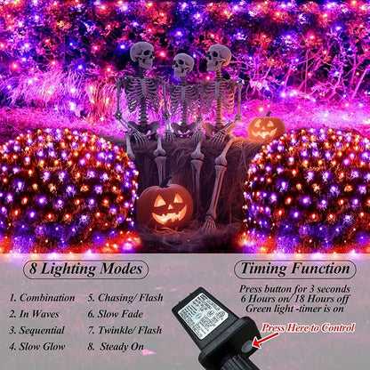 Lovelite 300LED Net Lights Halloween Decorations, 14.8ft x 5ft Outdoor Mesh Lights 8 Modes & Timer, Connectable Waterproof Christmas Light for Bushes Xmas Tree Party Garden Lawn, Purple Orange