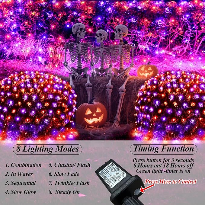 Lovelite 510LED Halloween Net Lights, 28ft x 5ft Outdoor Mesh Lights Purple Orange Clear Wire, 8 Modes & Timer, Waterproof Connectable String Lights for Bushes Xmas Tree Garden Holiday Party