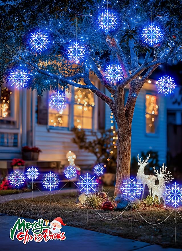 Brightown Large Snowflake Pathway Lights,Total 20-Pack 34" Outdoor Snowflake Christmas Lights Decor for Yard, 8 Modes Sidewalk Marker Stake for Driveway Walkway, IP44 Waterproof, Blue and White
