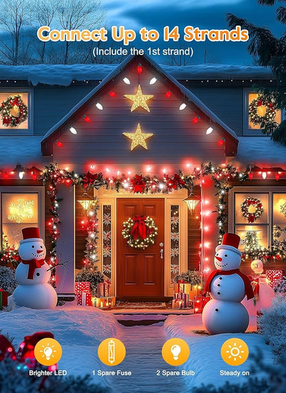 Vintage C9 LED Christmas Lights Outdoor, 100 Feet C9 String Light with 50 Shatterproof C9 Bulbs, Waterproof Connectable Christmas Tree Lights for Outside Roofline Patio Xmas Decor, Red & Pure White