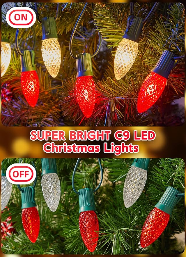 100 Feet Led Christmas Lights, Red and Warm White C9 Christmas String Lights Outdoor, 100 Strawberry Bulbs | Lumora
