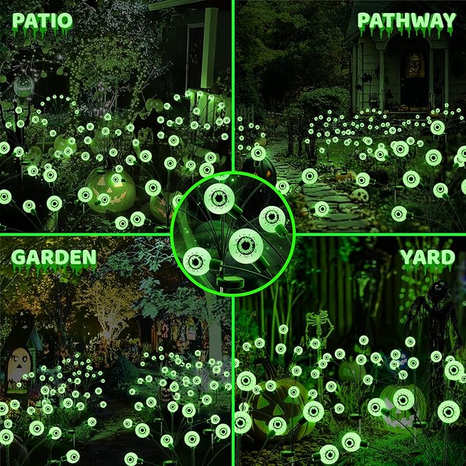 Solar Halloween Lights Decorations Outdoor: 2 Pack 16LED Scary Eyeball Light Swaying for Yard Decor - Green Firefly Ghost Lighting Garden Lawn Pathway Party Outside Decorative