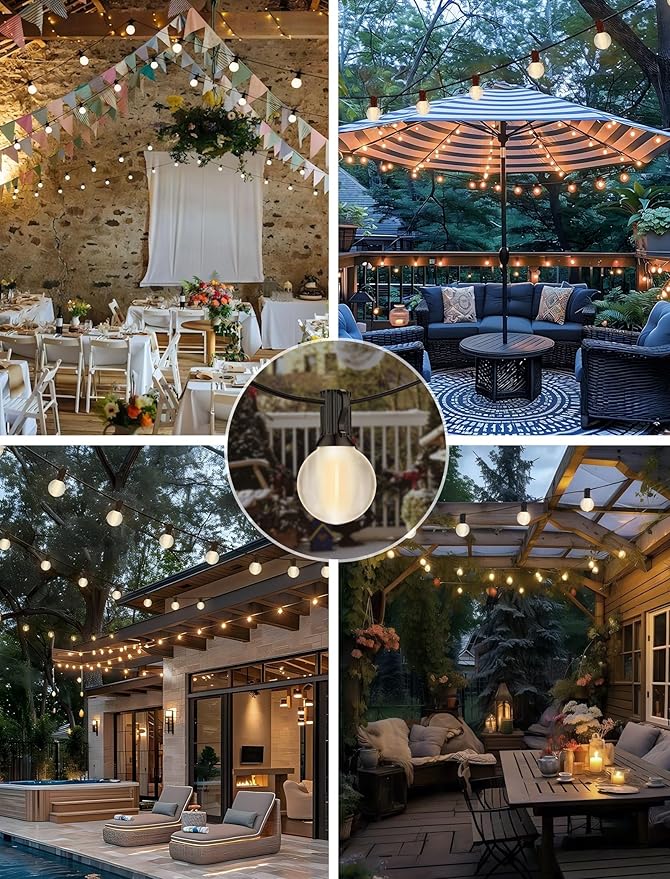 50FT LED Outdoor String Lights with 52 (2 Spare) Frosted Patio Shatterproof Bulbs,Commercial Grade Waterproof Patio Lights,Decorative for Garden Christmas Patio,Backyard, Balcony