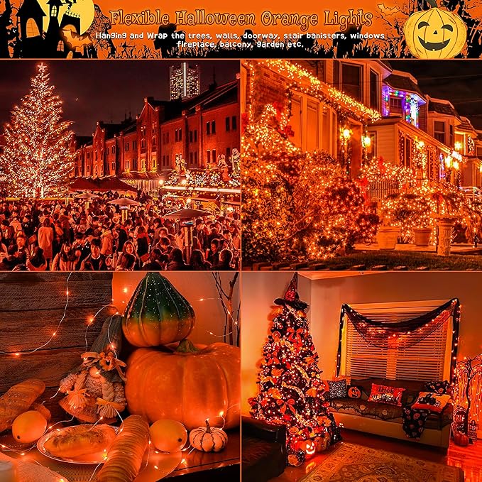 Ｗoohaha Solar Halloween Lights Outdoor,2 Pack Each 33Ft 100LED Orange Halloween Lights,Copper Wire Solar Powered | Lumora