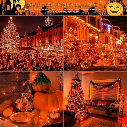 Ｗoohaha Solar Halloween Lights Outdoor,2 Pack Each 33Ft 100LED Orange Halloween Lights,Copper Wire Solar Powered Fairy String Lights 8 Modes for Garden,Tree,Thanksgiving,Christmas,Parties,Home Decor