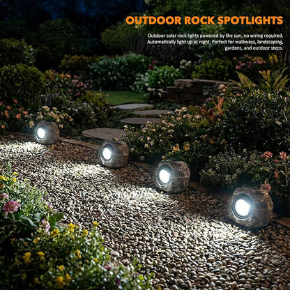 Solar Rock Lights Outdoor – 2 Pack Waterproof LED Landscape Garden Spotlights, Realistic Stone Design, Wireless Solar Powered Pathway Lights for Yard, Walkway, Patio & Lawn Decoration (Auto On/Off)