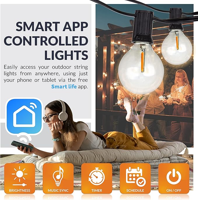 Newhouse Lighting 48ft. 25-Socket Smart LED String Outdoor Lights, Smart Life App,Works with Alexa,Dimmable Outdoor | Lumora