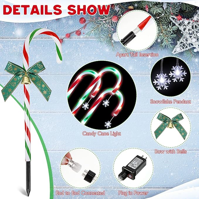 Hiboom 12 Pcs Christmas Candy Cane Light with 4 Christmas Theme Music, 20'' Pathway Markers Lights with Stakes Holiday Driveway Light for Xmas Holiday Party Walkway Garden Decor(Red, Green, White)