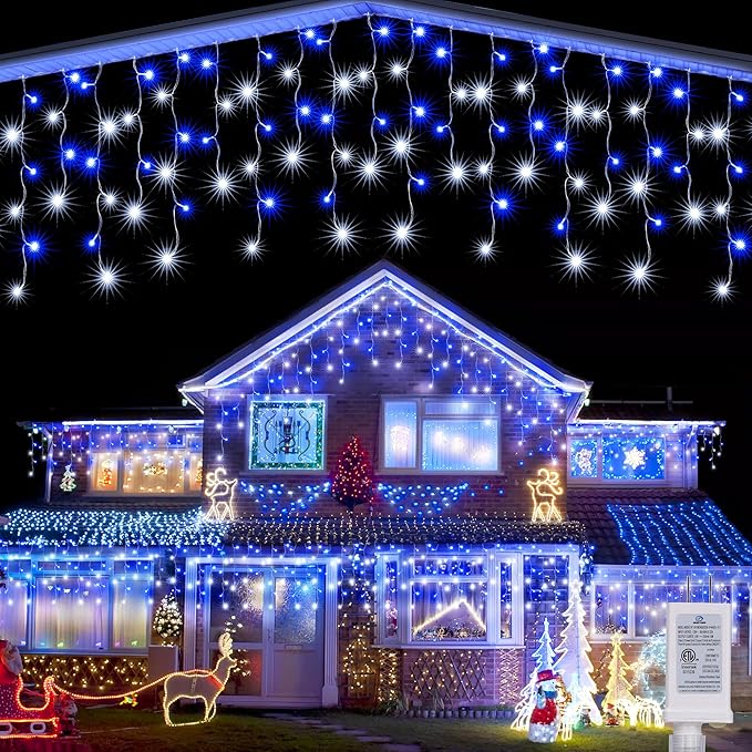 Joomer Christmas Icicle Lights - 19FT Outdoor String Lights Waterproof, 8 Modes Timer Connectable Plug-in String Light for Christmas Party, Eaves, Roofs, Xmas Decorations (White+Blue)