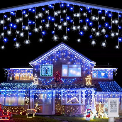 Joomer Christmas Icicle Lights - 33FT Plug in String Lights Waterproof, 8 Modes Timer Connectable Outdoor String Light for Christmas Party, Eaves, Roofs, Xmas Decorations (White+Blue)