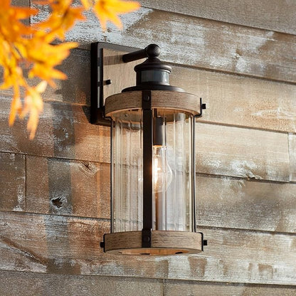John Timberland Stan Rustic Outdoor Wall Light Fixture Wood Finish Black 15 1/2" Pleated Glass Motion Sensor Dusk to Dawn Decor for Exterior House Porch Patio Outside Deck Garage Yard Front Door