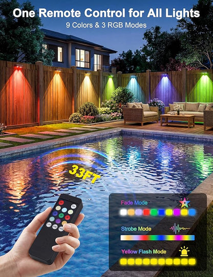 Fence Lights Solar Powered with Remote, 9 Fixed Colors 12 Modes, Solar Fence Lights Outdoor Waterproof, Warm/Cool White, RGB LED Deck Lights for Yard/Railing/Balcony/Patio/Stair/Outside, 8 Pack