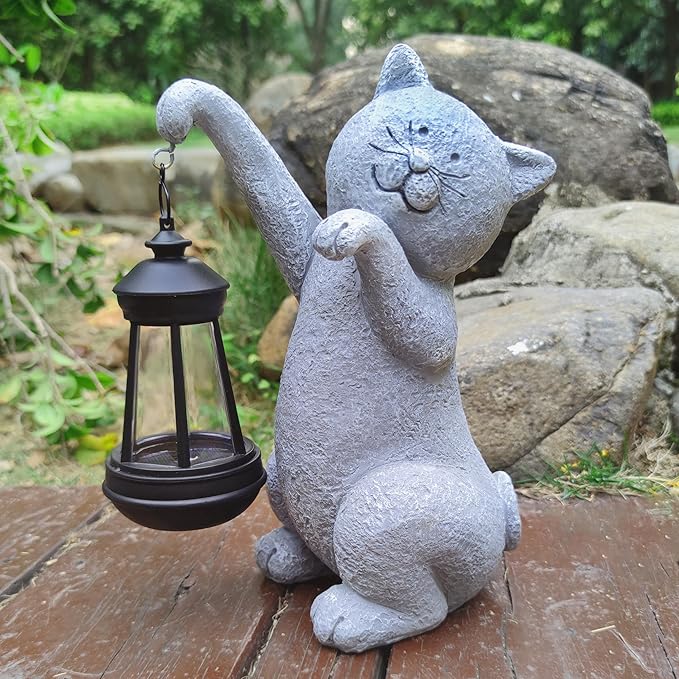 Cat Solar Garden Statues,Resin Cat Figurine Decorations with Solar Lights Lantern, Outdoor Figurines Lawn Cats | Lumora