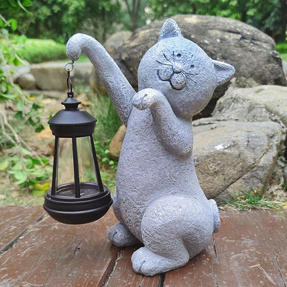 Cat Solar Garden Statues,Resin Cat Figurine Decorations with Solar Lights Lantern, Outdoor Figurines Lawn Cats Statue Decor Art for Lawn,Yard, Balcony Ornament,Gift for Garden Home Mom.