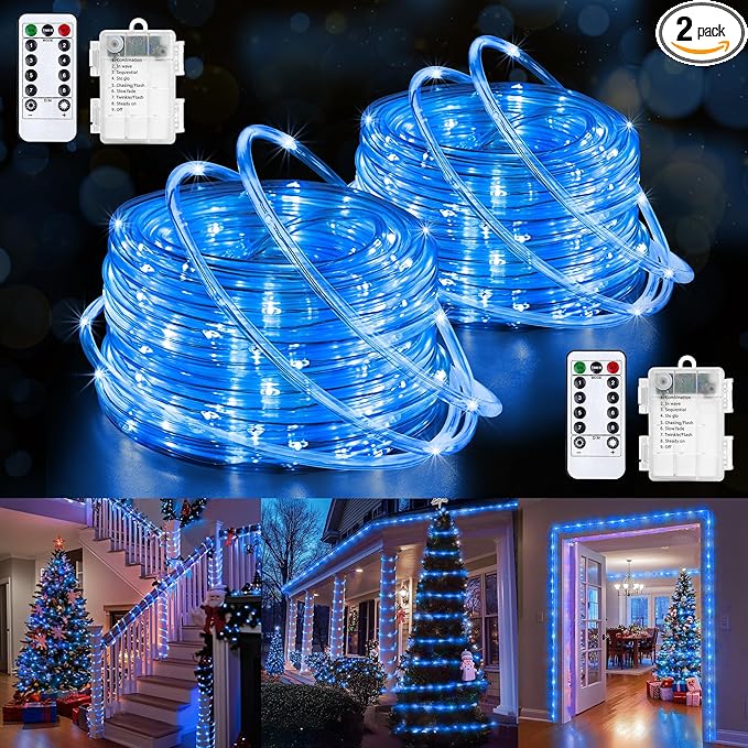 Jnaurb 2-Pack Battery Operated Rope Lights for Outside, Total 66FT 200LED 8 Modes Battery Operated String Lights, Waterproof Christmas Fairy Light with Remote for Outdoor Indoor Xmas Party Decor -Blue