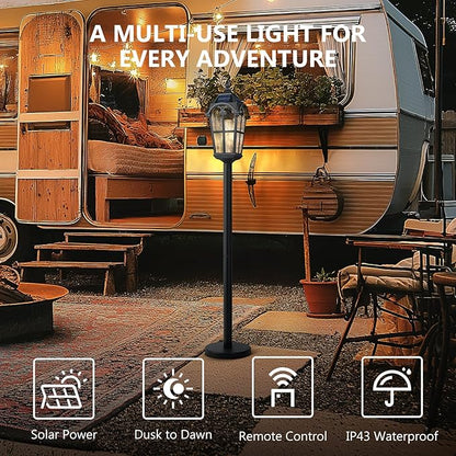 Emliviar Solar Pathway Light with Water Grain Glass Shade, 46 Inch Classic Post Lamp with Round Base in Black Finish, Portable Floor Lamp for Outdoor Travel, LED Bulb Included, YXE302PL-ML SL BK