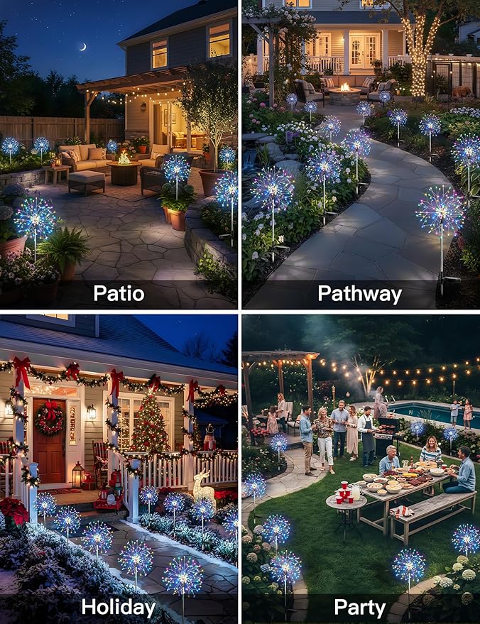 suddus Solar Garden Lights Outdoor Waterproof Decorative, 4Pack 150LED Firework Lights 8 Modes, Multicolor Solar | Lumora