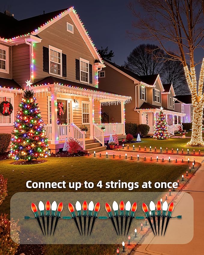 Frosted C9 Christmas Lights Outdoor, 25.7 Ft Christmas Pathway Lights with 20 LED Bulbs and Stakes, Connectable | Lumora