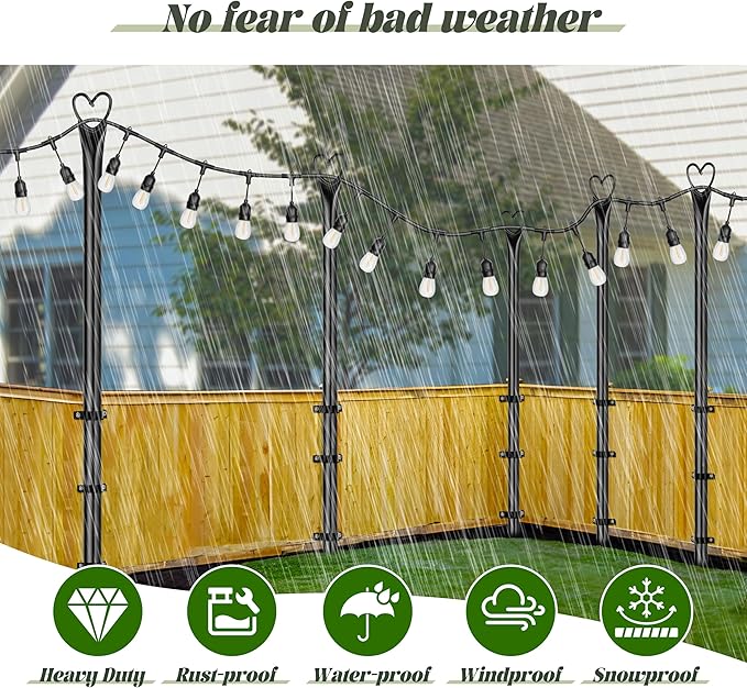 XDW-GIFTS String Light Poles with Fork for Outdoor, 4 Pack 9.8 FT Tall Metal Posts for Hanging String Lights Patio | Lumora