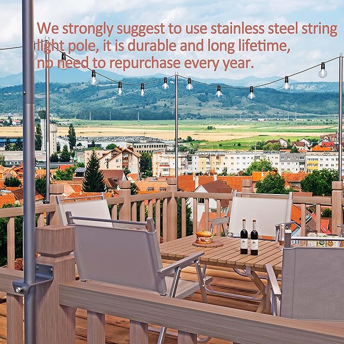 2 Pack 6.5 FT Stainless Steel String Lights Pole Bracket/Holder for Deck Railing Wood Posts, Black | Lumora