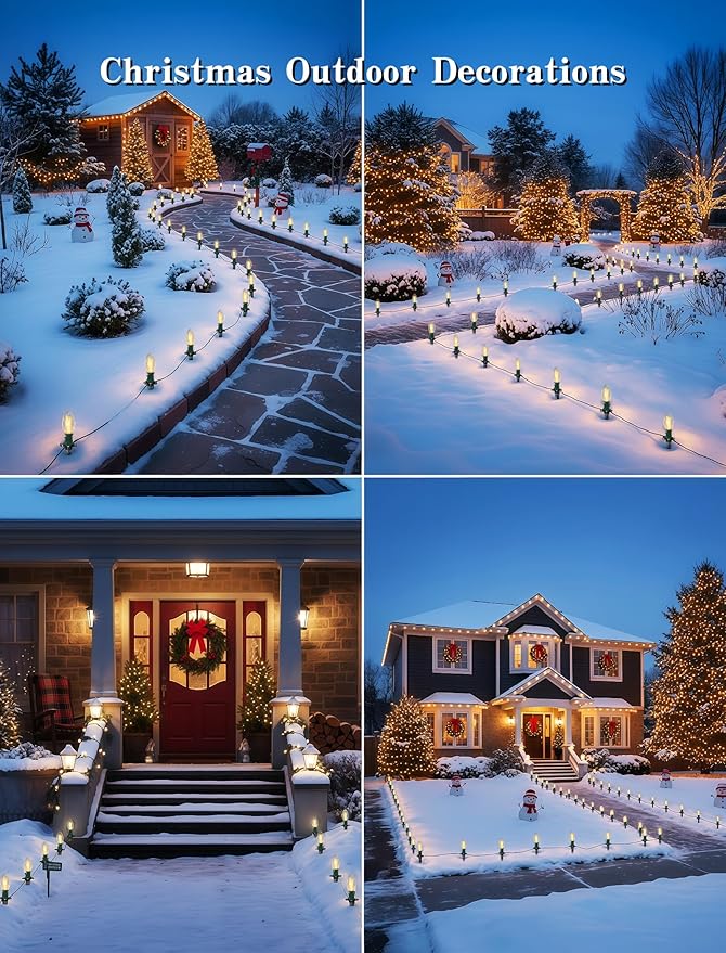 38FT C9 Christmas Pathway Lights Outdoor,25 Pack Warm White Connectable Weatherproof Christmas Walkway Lights with C9 Bulbs and Stakes for Driveway Yard Lawn Sidewalk Decorations