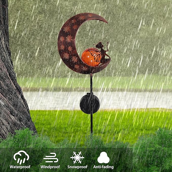 TERESA'S Collections Garden Decor for Outside,Moon Fairy Garden Accessories for Outdoor Decor, 39'' Solar Lights for Yard Decorations Outdoor, Metal Yard Stakes for Lawn Patio Porch Gifts for Mom
