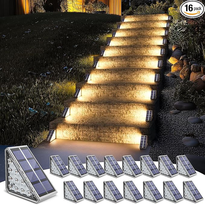 NIORSUN Solar Step Lights,16 Pack Stair Lights Outdoor Waterproof Auto On Off,Stair Solar Light Outdoor Waterproof for Steps,Patio,Yard,Porch,Front Door,Sidewalk,Deck Decor,Warm White