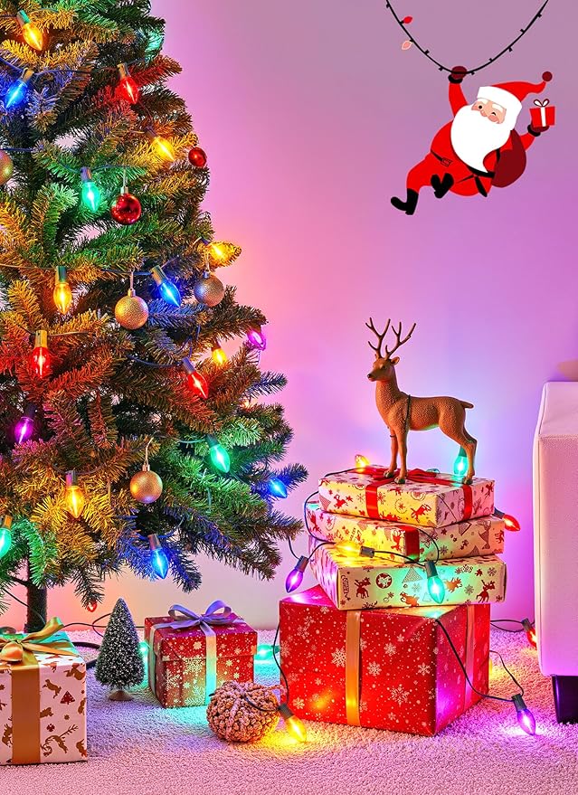 Vintage C9 LED Christmas Lights Outdoor - 50 Feet String with 50 Colored Bulbs, Waterproof Connectable Lights for Holiday Party Roofline, Backyard, Garden, Patio, Green Wire