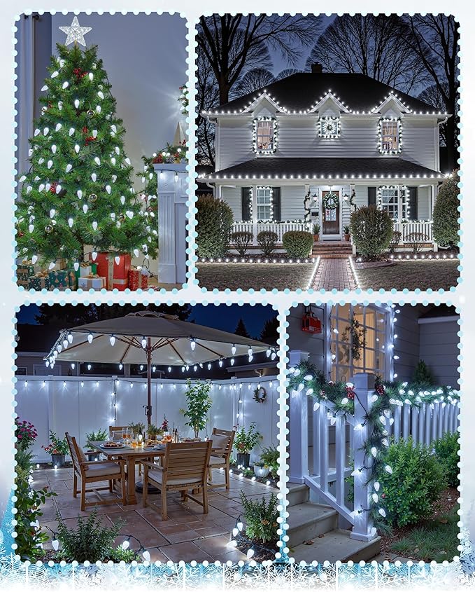 C9 LED Christmas Lights Outdoor with 100 Spring Clips, 65FT 100 LED C9 String Lights Waterproof Connectable Commercial Grade for Outside Roofline Patio House Garden Yard Christmas Decor, White 2 Pack