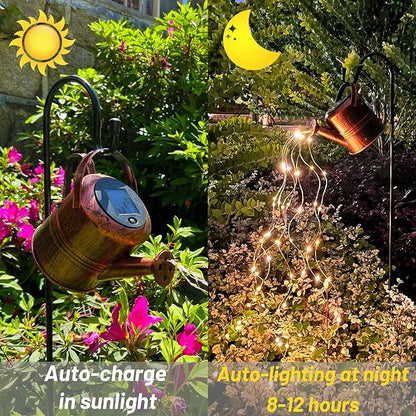 Solar Watering Can with Cascading Lights Solar Waterfall Lights Outdoor Yard Decoration Waterproof Enchanted Watering Can for Fairy Garden Lawn Path Yard Patio Art Romantic Atmosphere