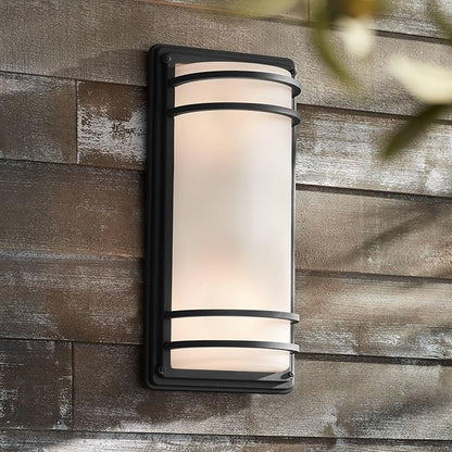 John Timberland Habitat 16" High Modern Industrial Outdoor Wall Sconce Light Fixture Mount Porch House Exterior Outside Cylinder Weatherproof Black Metal Frosted Glass Shade Front Door Patio Garage