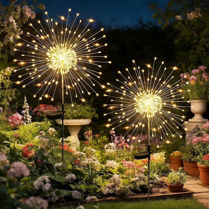 Solar Garden Lights Outdoor,Waterproof Garden,2 Pack 200 LED Twinkling Firework Lights Decorative with 8 Modes,Decor for Yard Patio Pathway Lawn for Yard Outside Fairy Decorative (Warm light-2Pack)