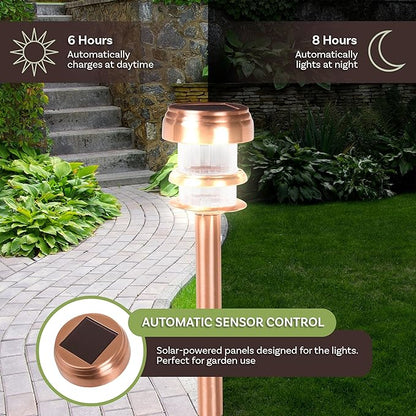 Outdoor Solar Lights - 4-Pack Stainless-Steel LED Lights for Gardens, Pathways, and Patios - Weather-Resistant Stake Lighting by Pure Garden (Copper)
