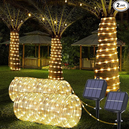 Solar Rope Lights, 2 Pack Total 66ft 200LED Solar String Lights, 8 Modes Waterproof Solar Powered Outdoor Light, Flexible Clear Tube Light for Garden Yard Patio Deck Porch Pool Tree Decor - Warm White