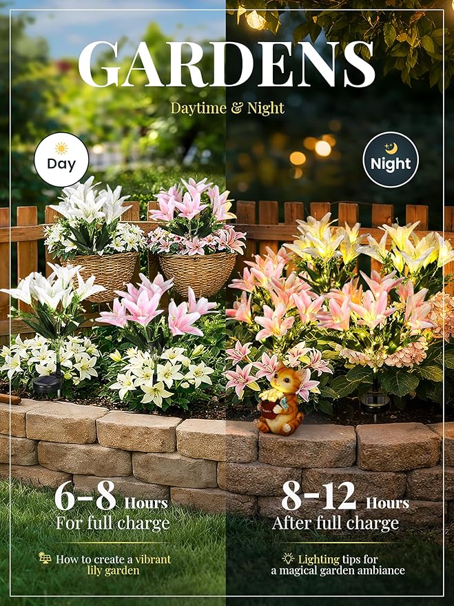 GIGALUMI Solar Garden Lights, LED Lily Garden Decor Carefree Solar Flowers Outdoor Waterproof, Yard Decorations Outdoor, Allergy-Free, Everlasting Light up Flowers for Yard Patio Garden (Set of 2)