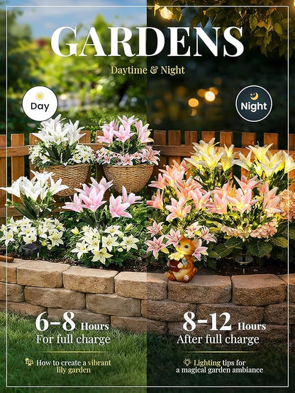 GIGALUMI Solar Garden Lights, LED Lily Garden Decor Carefree Solar Flowers Outdoor Waterproof, Yard Decorations Outdoor, Allergy-Free, Everlasting Light up Flowers for Yard Patio Garden (Set of 2)
