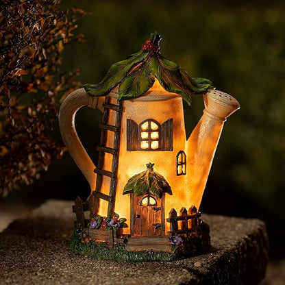 VP Home Watering Can Fairy Cottage Solar Light for Home and Outdoor Decor, Watering Can Solar Powered Flickering LED Garden Light Fairy Cottage Backyard Halloween Decoration