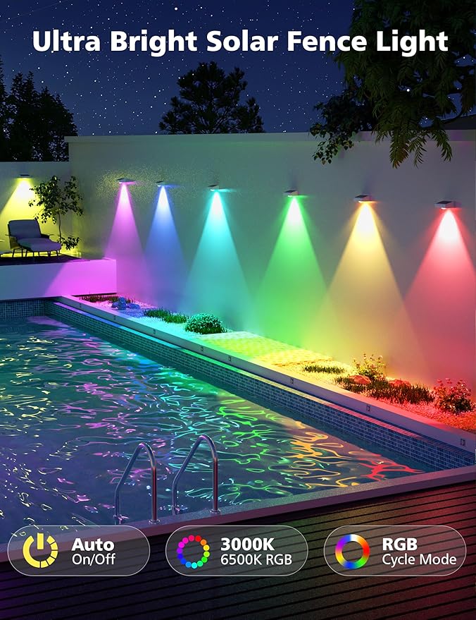 VOLISUN Solar Fence Lights, Fence Lights Solar Powered, IP65 Waterproof LED, RGB Color - Outdoor Path Light | Lumora