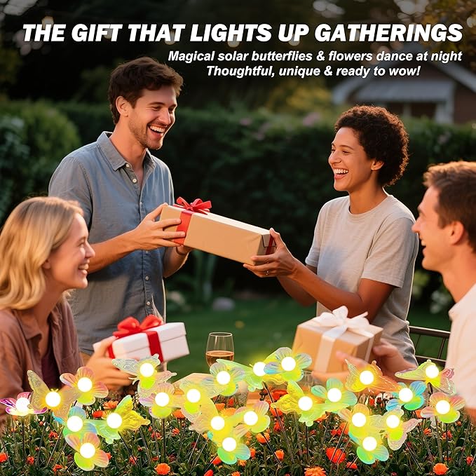 Solar Garden Butterfly Lights 2 Pack 12 LED Solar Swaying Flower Lights Waterproof Firefly Lighting Outdoor for Garden Patio Yard Pathway Flower Bed Decoration