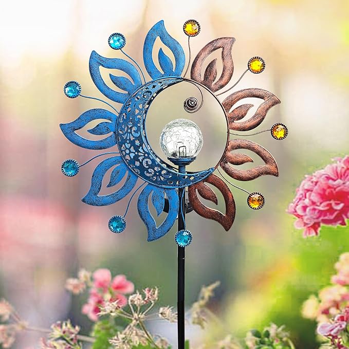 Sun Moon Solar Lights Garden Stake Outdoor Decoration,Sun Moon Crackle Glass Globe Solar Metal Stake Light, Waterproof LED Light for Pathway Lawn Patio Courtyard Backyard(39 Inch)