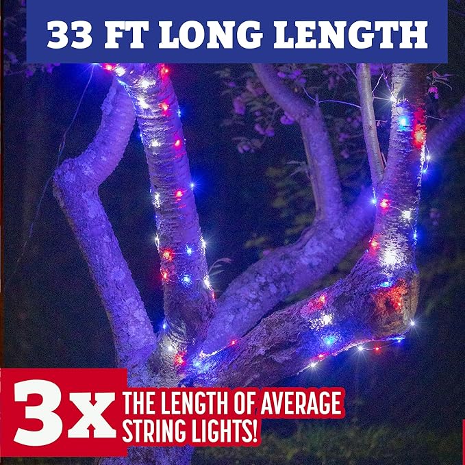 Red, White, & Blue USA Fairy String Lights (2 Pack) - 66ft / 20 m- Patriotic LED Outdoor Indoor Decorations for | Lumora