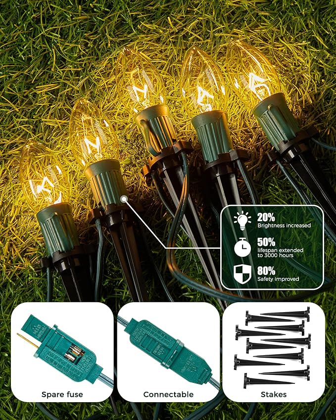 Brightown C9 Christmas Pathway String Lights - Outdoor with 102.8 FT Length, 80 Clear Lights, Waterproof Walkway for Indoor/Outdoor Xmas Party Decor, Warm White