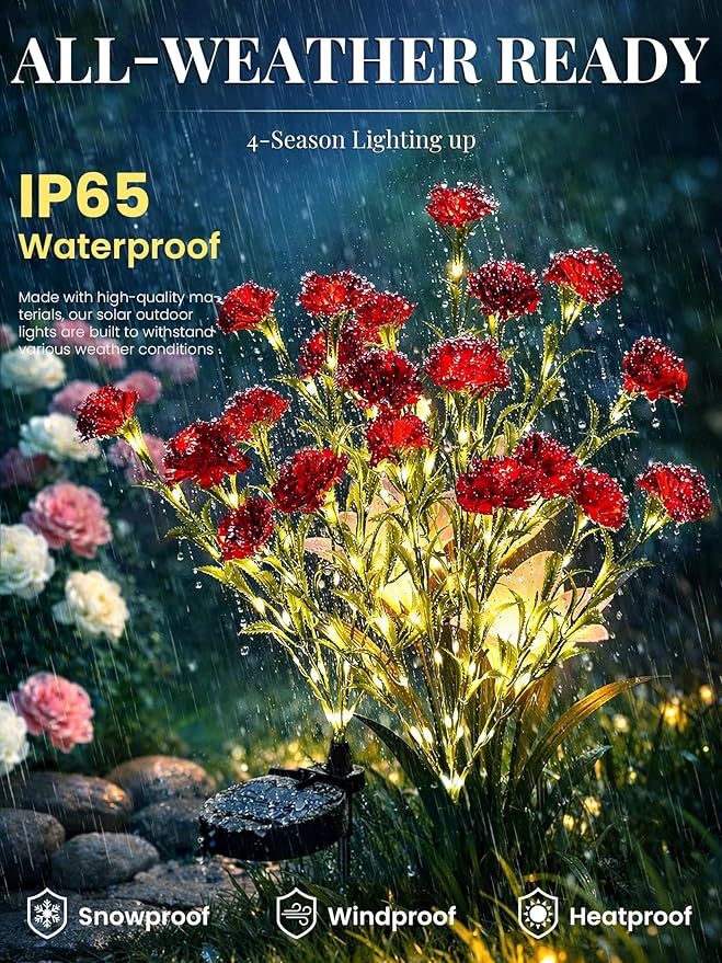 GIGALUMI Solar Lights Outdoor for Garden Decor, 4 Pack Solar Flower Lights Waterproof, 2 Lighting Modes 28 Carnation Flowers for Pathway,Yard, Patio Decoration, Gardening Gifts for Women (Red)